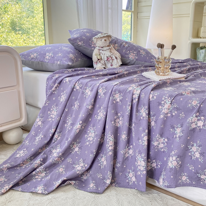 91家纺网 家纺一手货源 找家纺 梦初语 2025夏季直播爆款A类水洗棉皱皱纱双层纱床单学生宿舍三件套 海棠-紫