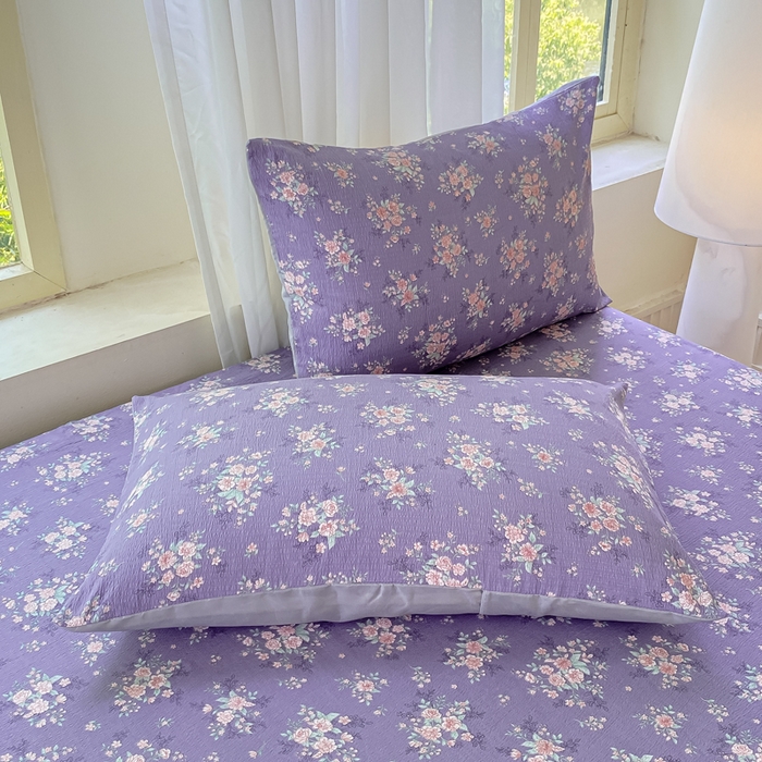 91家纺网 家纺一手货源 找家纺 梦初语 2025夏季直播爆款A类水洗棉皱皱纱双层纱床单学生宿舍三件套 海棠-紫