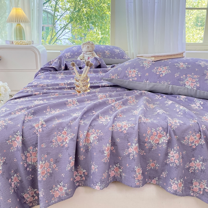 91家纺网 家纺一手货源 找家纺 梦初语 2025夏季直播爆款A类水洗棉皱皱纱双层纱床单学生宿舍三件套 海棠-紫