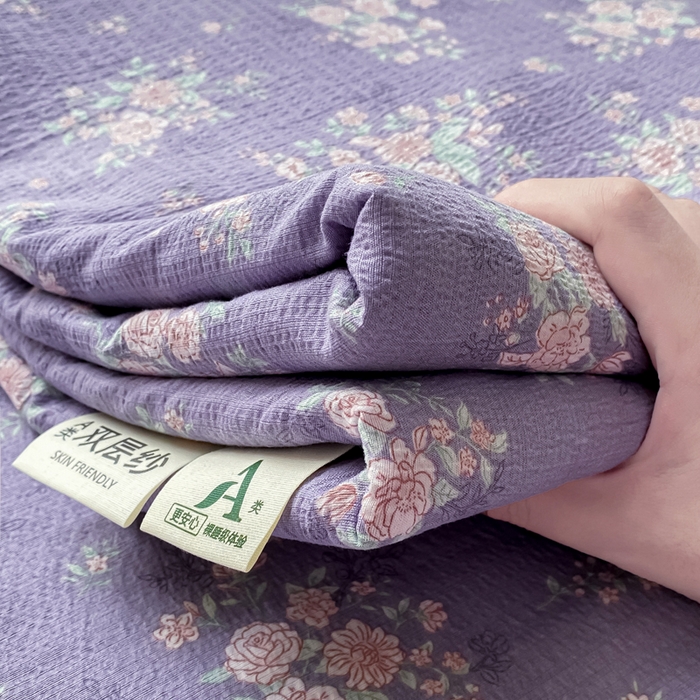 91家纺网 家纺一手货源 找家纺 梦初语 2025夏季直播爆款A类水洗棉皱皱纱双层纱床单学生宿舍三件套 海棠-紫