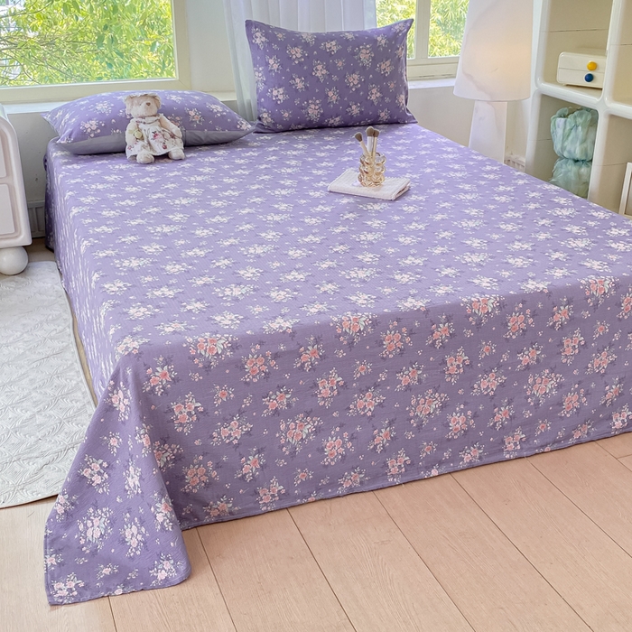 91家纺网 家纺一手货源 找家纺 梦初语 2025夏季直播爆款A类水洗棉皱皱纱双层纱床单学生宿舍三件套 海棠-紫