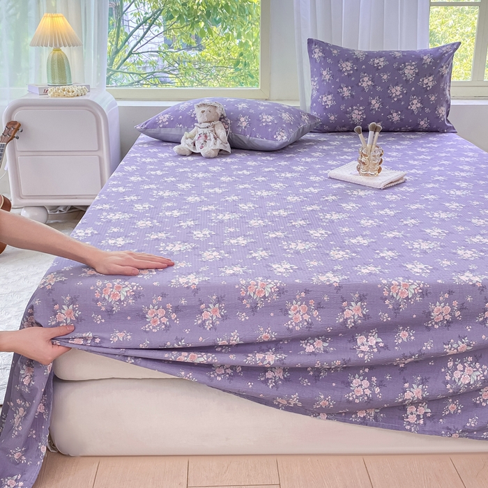 91家纺网 家纺一手货源 找家纺 梦初语 2025夏季直播爆款A类水洗棉皱皱纱双层纱床单学生宿舍三件套 海棠-紫