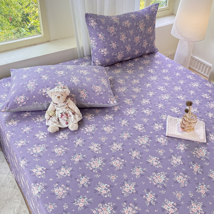 91家纺网 家纺一手货源 找家纺 梦初语 2025夏季直播爆款A类水洗棉皱皱纱双层纱床单学生宿舍三件套 海棠-紫