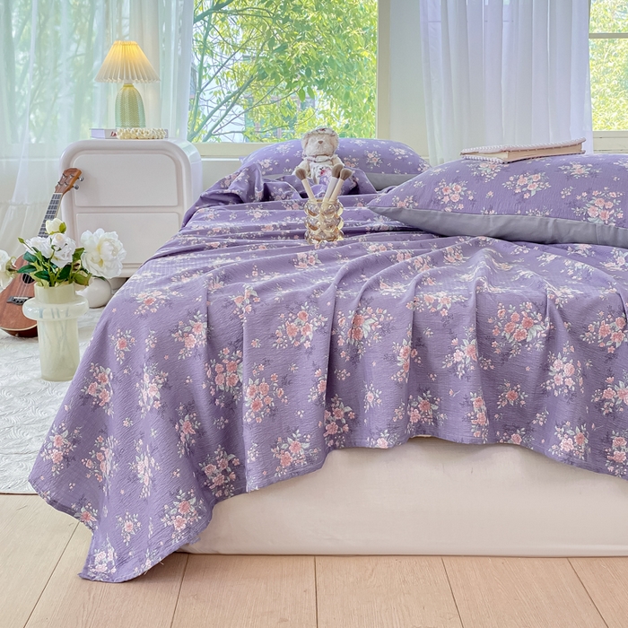 91家纺网 家纺一手货源 找家纺 梦初语 2025夏季直播爆款A类水洗棉皱皱纱双层纱床单学生宿舍三件套 海棠-紫