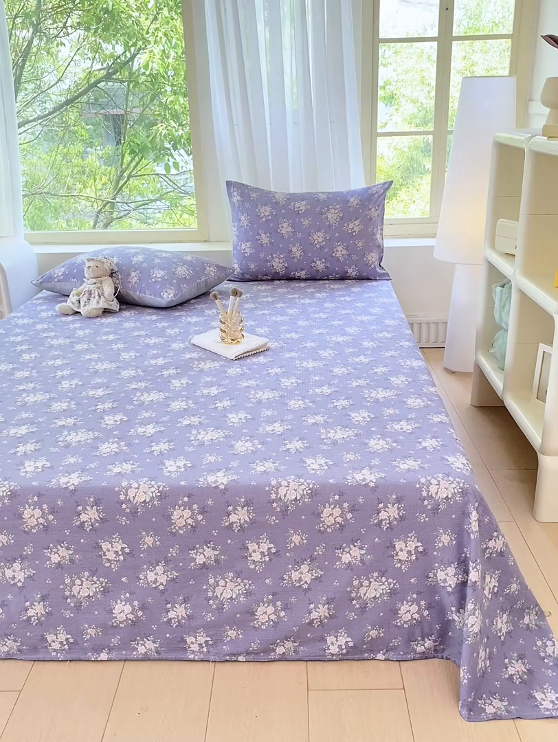 91家纺网 家纺一手货源 找家纺 梦初语 2025夏季直播爆款A类水洗棉皱皱纱双层纱床单学生宿舍三件套 海棠-紫
