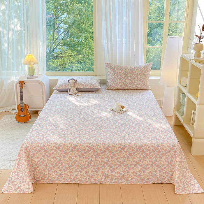 91家纺网 家纺一手货源 找家纺 梦初语 2025夏季直播爆款A类水洗棉皱皱纱双层纱床单学生宿舍三件套 花海-粉