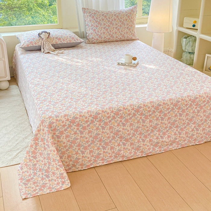 91家纺网 家纺一手货源 找家纺 梦初语 2025夏季直播爆款A类水洗棉皱皱纱双层纱床单学生宿舍三件套 花海-粉