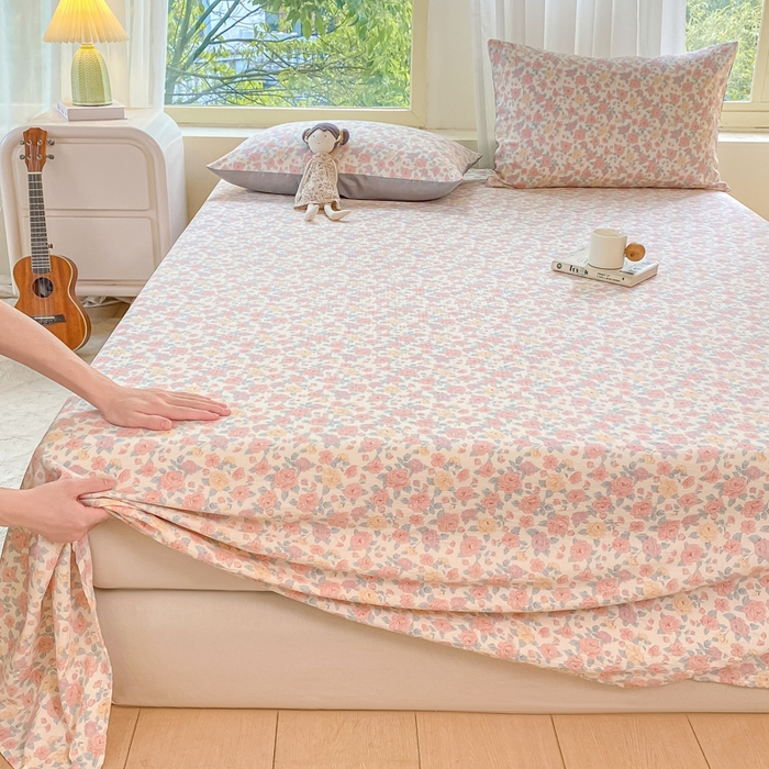 91家纺网 家纺一手货源 找家纺 梦初语 2025夏季直播爆款A类水洗棉皱皱纱双层纱床单学生宿舍三件套 花海-粉