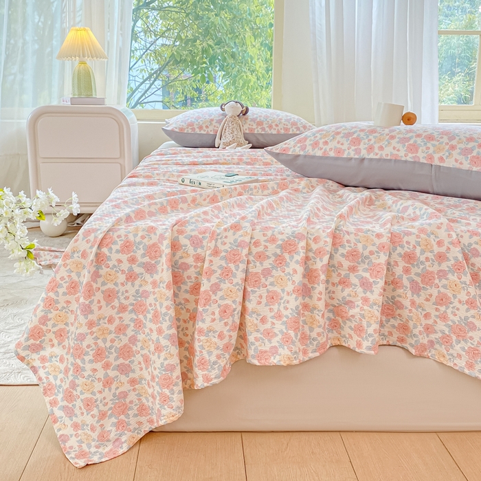 91家纺网 家纺一手货源 找家纺 梦初语 2025夏季直播爆款A类水洗棉皱皱纱双层纱床单学生宿舍三件套 花海-粉