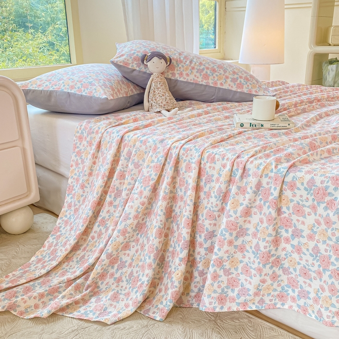 91家纺网 家纺一手货源 找家纺 梦初语 2025夏季直播爆款A类水洗棉皱皱纱双层纱床单学生宿舍三件套 花海-粉