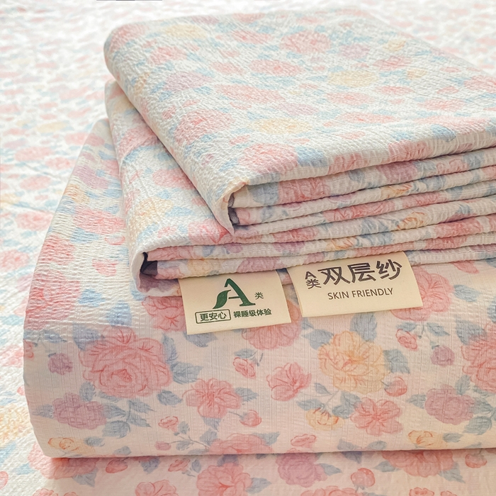 91家纺网 家纺一手货源 找家纺 梦初语 2025夏季直播爆款A类水洗棉皱皱纱双层纱床单学生宿舍三件套 花海-粉