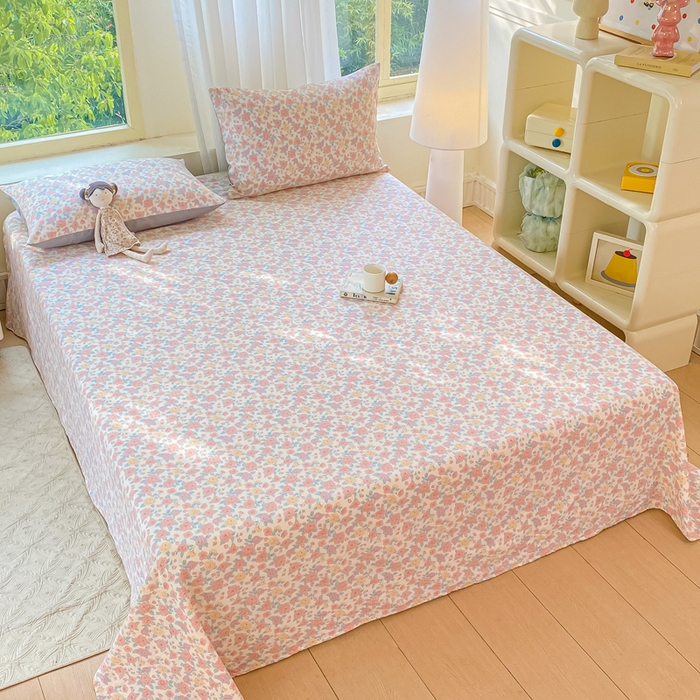 91家纺网 家纺一手货源 找家纺 梦初语 2025夏季直播爆款A类水洗棉皱皱纱双层纱床单学生宿舍三件套 花海-粉