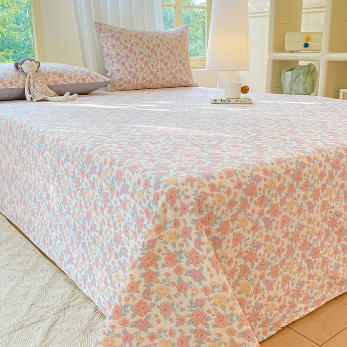 91家纺网 家纺一手货源 找家纺 梦初语 2025夏季直播爆款A类水洗棉皱皱纱双层纱床单学生宿舍三件套 花海-粉