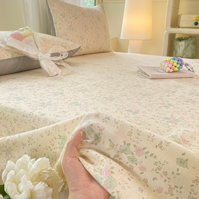 91家纺网 家纺一手货源 找家纺 梦初语 2025夏季直播爆款A类水洗棉皱皱纱双层纱床单学生宿舍三件套 秘密花园