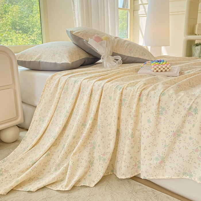 91家纺网 家纺一手货源 找家纺 梦初语 2025夏季直播爆款A类水洗棉皱皱纱双层纱床单学生宿舍三件套 秘密花园