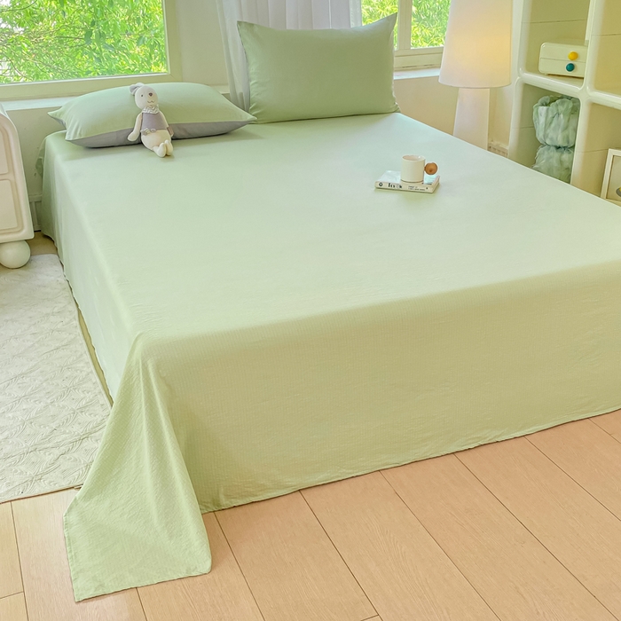 91家纺网 家纺一手货源 找家纺 梦初语 2025夏季直播爆款A类水洗棉皱皱纱双层纱床单学生宿舍三件套 青草绿