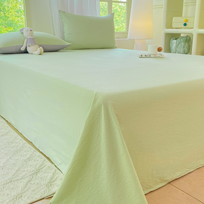 91家纺网 家纺一手货源 找家纺 梦初语 2025夏季直播爆款A类水洗棉皱皱纱双层纱床单学生宿舍三件套 青草绿