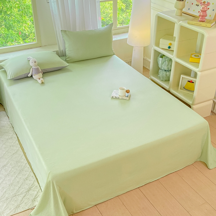 91家纺网 家纺一手货源 找家纺 梦初语 2025夏季直播爆款A类水洗棉皱皱纱双层纱床单学生宿舍三件套 青草绿