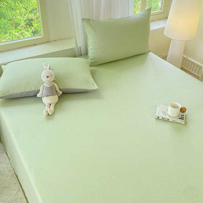 91家纺网 家纺一手货源 找家纺 梦初语 2025夏季直播爆款A类水洗棉皱皱纱双层纱床单学生宿舍三件套 青草绿