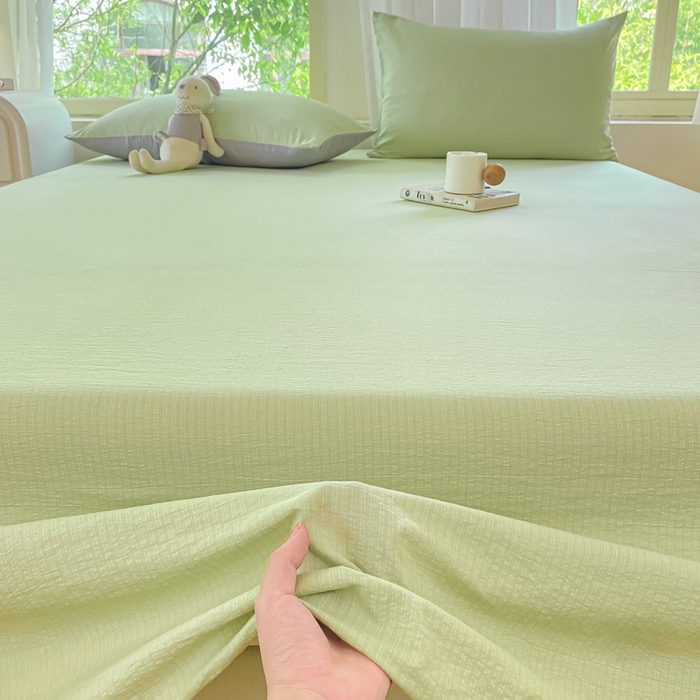 91家纺网 家纺一手货源 找家纺 梦初语 2025夏季直播爆款A类水洗棉皱皱纱双层纱床单学生宿舍三件套 青草绿