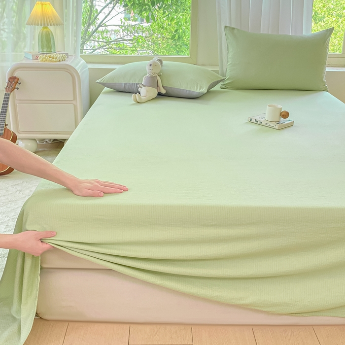 91家纺网 家纺一手货源 找家纺 梦初语 2025夏季直播爆款A类水洗棉皱皱纱双层纱床单学生宿舍三件套 青草绿