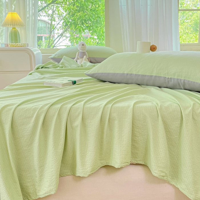 91家纺网 家纺一手货源 找家纺 梦初语 2025夏季直播爆款A类水洗棉皱皱纱双层纱床单学生宿舍三件套 青草绿