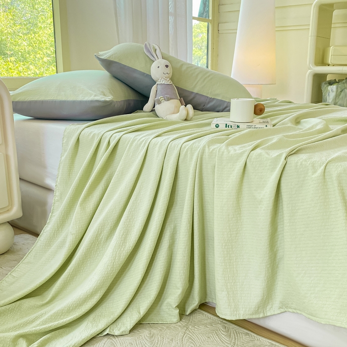 91家纺网 家纺一手货源 找家纺 梦初语 2025夏季直播爆款A类水洗棉皱皱纱双层纱床单学生宿舍三件套 青草绿