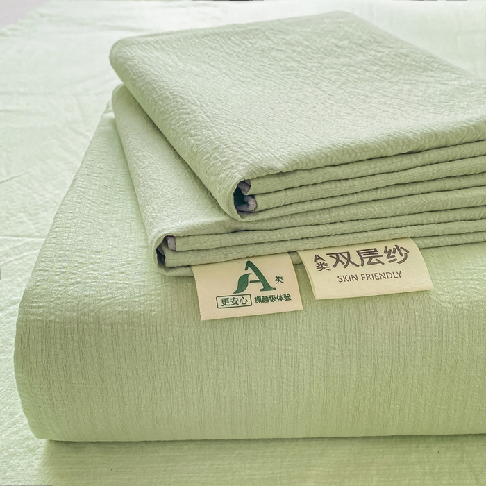 91家纺网 家纺一手货源 找家纺 梦初语 2025夏季直播爆款A类水洗棉皱皱纱双层纱床单学生宿舍三件套 青草绿