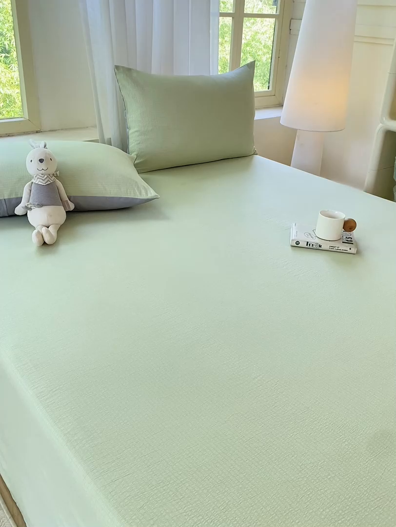 91家纺网 家纺一手货源 找家纺 梦初语 2025夏季直播爆款A类水洗棉皱皱纱双层纱床单学生宿舍三件套 青草绿