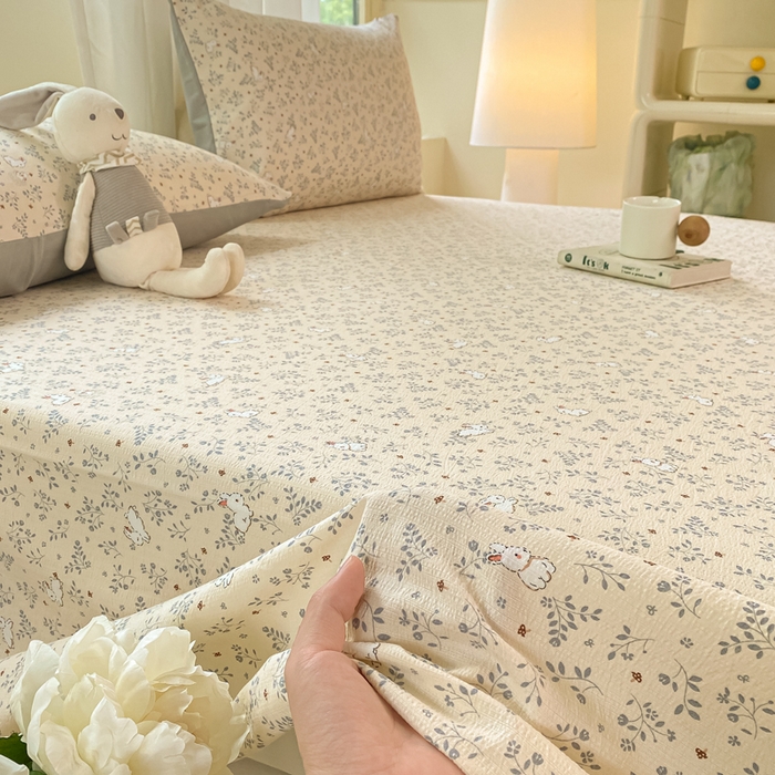 91家纺网 家纺一手货源 找家纺 梦初语 2025夏季直播爆款A类水洗棉皱皱纱双层纱床单学生宿舍三件套 唯美小兔