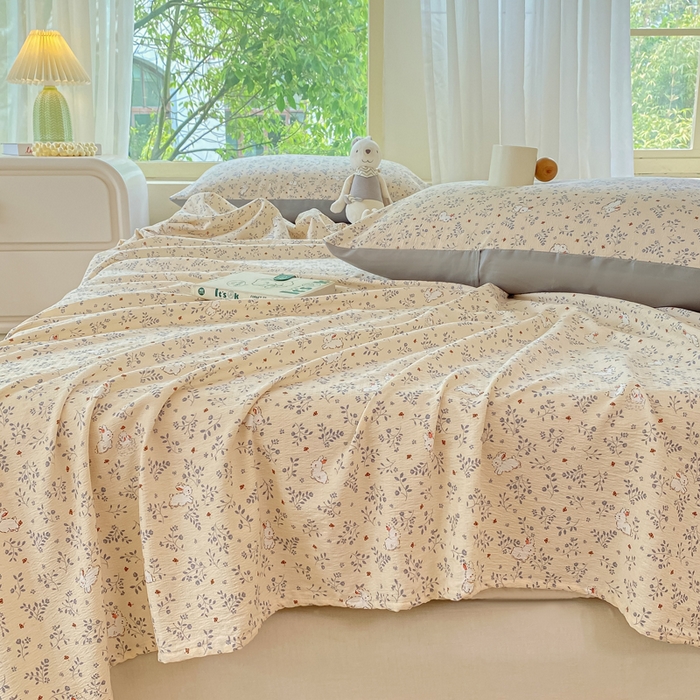 91家纺网 家纺一手货源 找家纺 梦初语 2025夏季直播爆款A类水洗棉皱皱纱双层纱床单学生宿舍三件套 唯美小兔