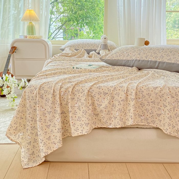 91家纺网 家纺一手货源 找家纺 梦初语 2025夏季直播爆款A类水洗棉皱皱纱双层纱床单学生宿舍三件套 唯美小兔