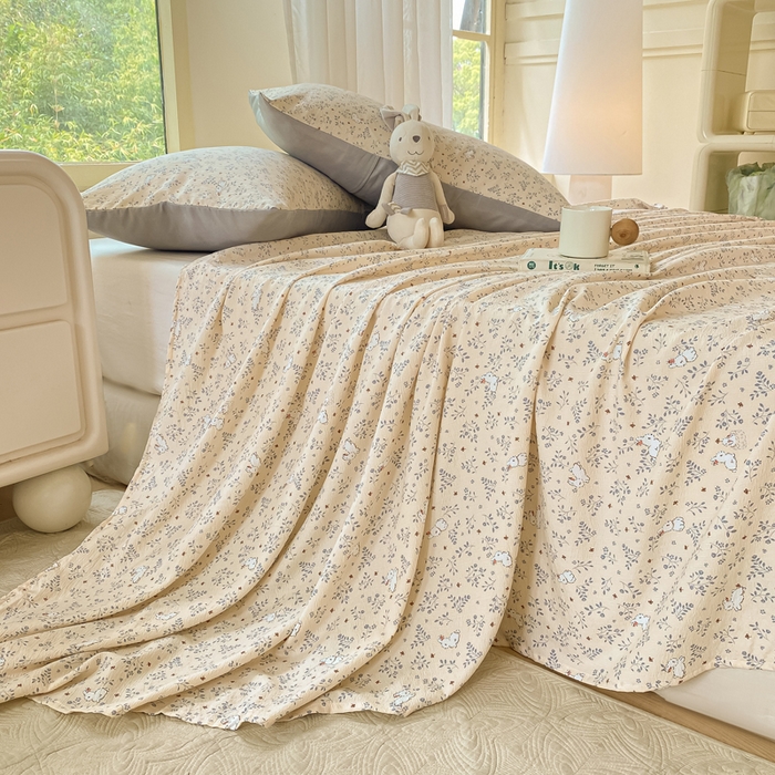 91家纺网 家纺一手货源 找家纺 梦初语 2025夏季直播爆款A类水洗棉皱皱纱双层纱床单学生宿舍三件套 唯美小兔