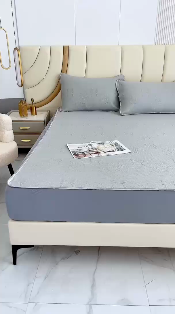 91家纺网 家纺一手货源 找家纺 乐居家纺 2025新款中分子PE凉感凉豆豆提花凉席床笠款 灰色-蝴蝶结