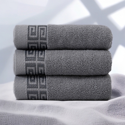 2025新款中国风长城格纯棉毛巾全棉手巾纯棉毛巾浴巾套装 长城格毛巾三条装-优雅灰