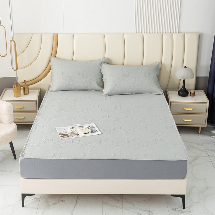 91家纺网 家纺一手货源 找家纺 乐居家纺 2025新款中分子PE凉感凉豆豆提花凉席床笠款 灰色-蝴蝶结