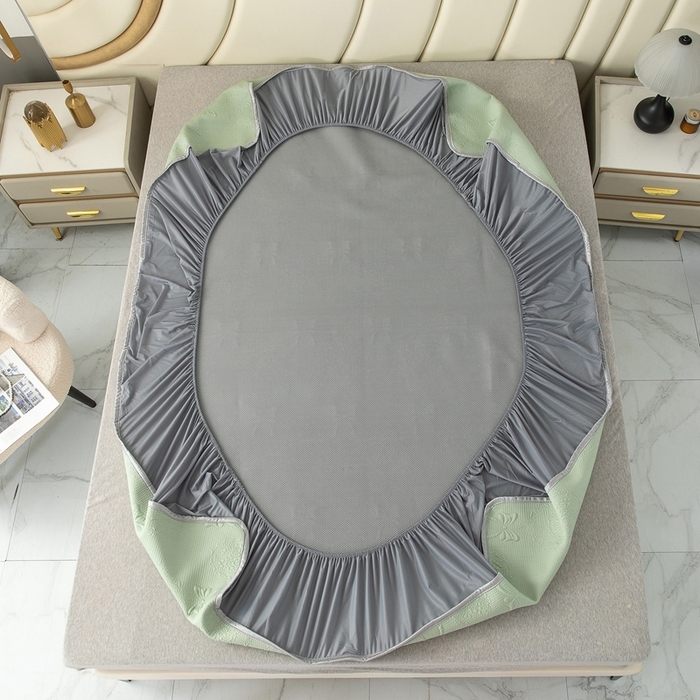 91家纺网 家纺一手货源 找家纺 乐居家纺 2025新款中分子PE凉感凉豆豆提花凉席床笠款 绿色蝴蝶结