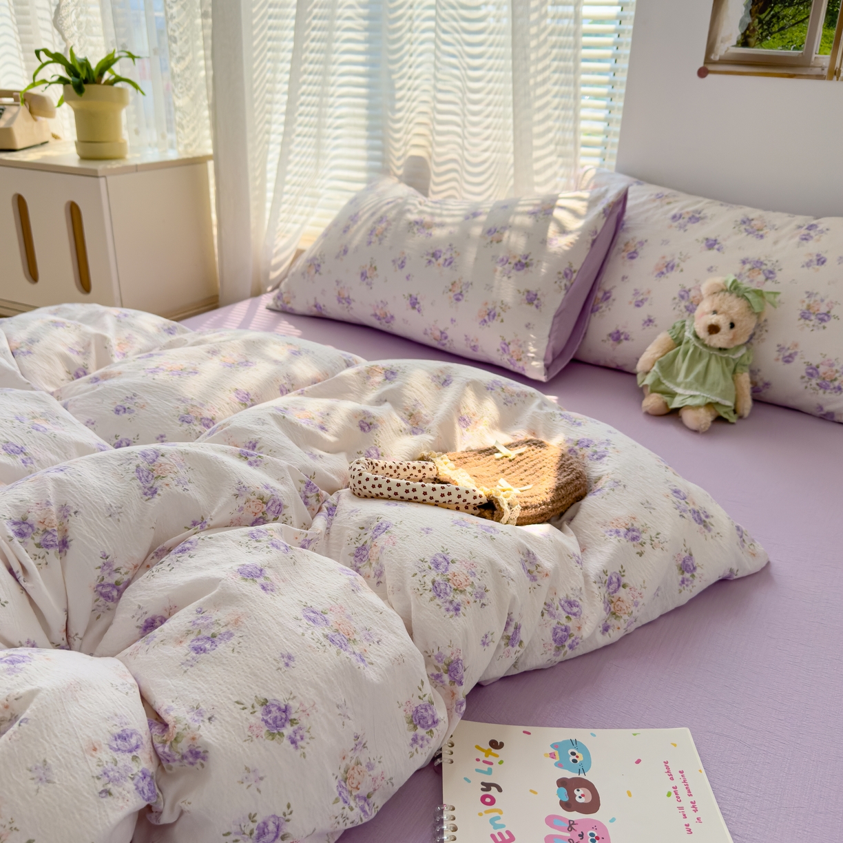 91家纺网 家纺一手货源 找家纺 竹合家纺 2025新品云感皱皱四件套跑量款小清新四件套 紫苏