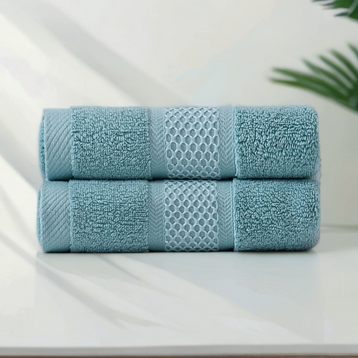 91家纺网 家纺一手货源 找家纺 2025新款蜂巢格纯棉毛巾浴巾两件套外贸跨境产品加厚全棉长绒棉毛巾浴巾套装 蜂巢格毛巾-天蓝2条装