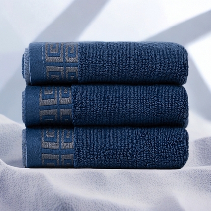 2025新款中国风长城格纯棉毛巾全棉手巾纯棉毛巾浴巾套装 长城格毛巾三条装-深海蓝