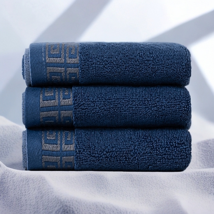 91家纺网 家纺一手货源 找家纺 2025新款中国风长城格纯棉毛巾全棉手巾纯棉毛巾浴巾套装 长城格毛巾三条装-深海蓝