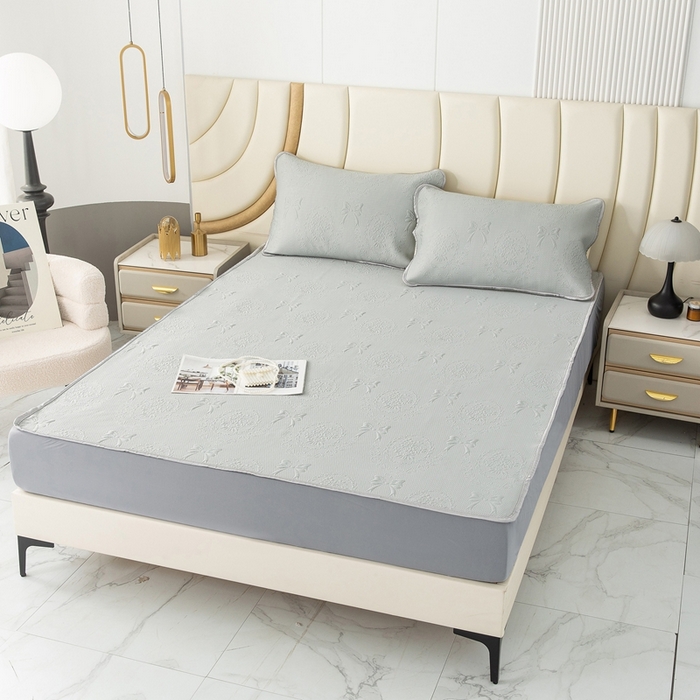 91家纺网 家纺一手货源 找家纺 乐居家纺 2025新款中分子PE凉感凉豆豆提花凉席床笠款 灰色-蝴蝶结