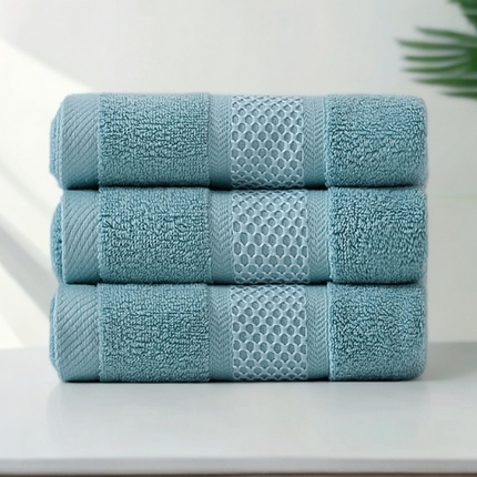 91家纺网 家纺一手货源 找家纺 2025新款蜂巢格纯棉毛巾浴巾两件套外贸跨境产品加厚全棉长绒棉毛巾浴巾套装 蜂巢格毛巾-天蓝3条装
