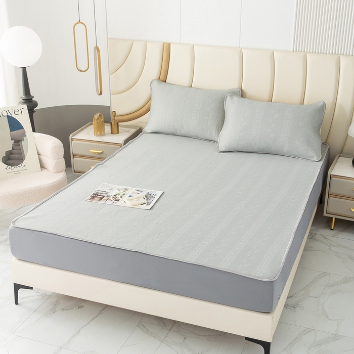 91家纺网 家纺一手货源 找家纺 乐居家纺 2025新款中分子PE凉感凉豆豆提花凉席床笠款 灰色-异形线条