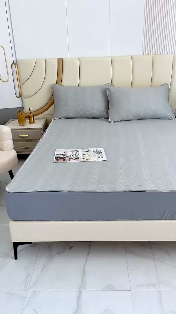 91家纺网 家纺一手货源 找家纺 乐居家纺 2025新款中分子PE凉感凉豆豆提花凉席床笠款 灰色-异形线条