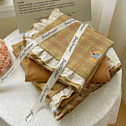 水墨江南 2025新款小清新水洗棉印花四件套 格子小狗