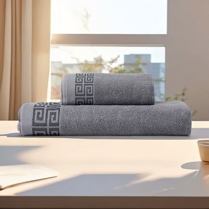 91家纺网 家纺一手货源 找家纺 2025新款中国风长城格纯棉毛巾全棉手巾纯棉毛巾浴巾套装 长城格毛巾浴巾套装-优雅灰