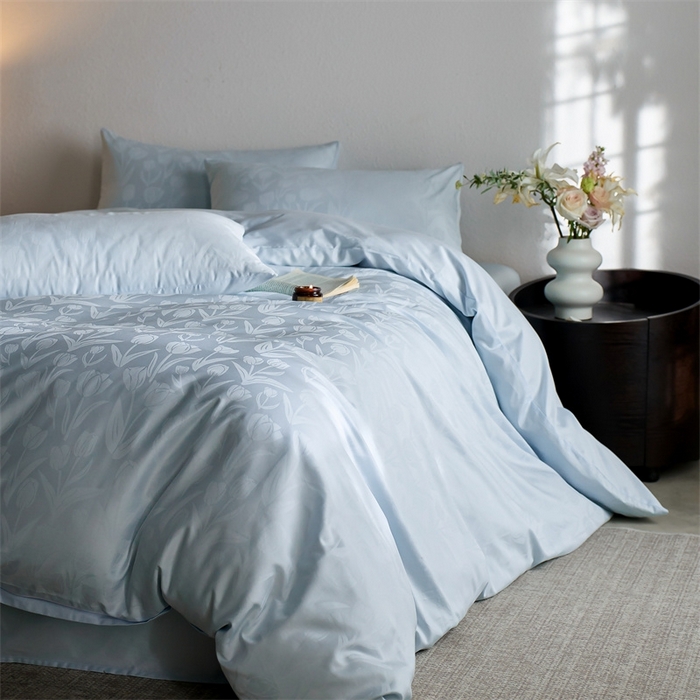91家纺网 家纺一手货源 找家纺 亿梵家居 2025新款高端A类长绒棉四件套全棉提花轻奢全棉四件套 郁金香-晚波蓝