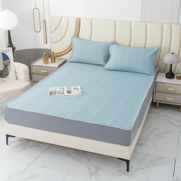 91家纺网 家纺一手货源 找家纺 乐居家纺 2025新款中分子PE凉感凉豆豆提花凉席床笠款 蓝色-异形线条