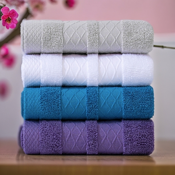 91家纺网 家纺一手货源 找家纺 彩虹毛巾2025新款菱形格全棉加厚毛巾纯棉毛巾浴巾套装跨境外贸产品长绒棉毛巾浴巾套装 菱形格毛巾四色装